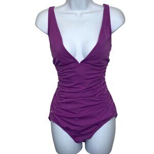 Speedo Rusched V Neck Purple Swimsuit One Piece Women's 16